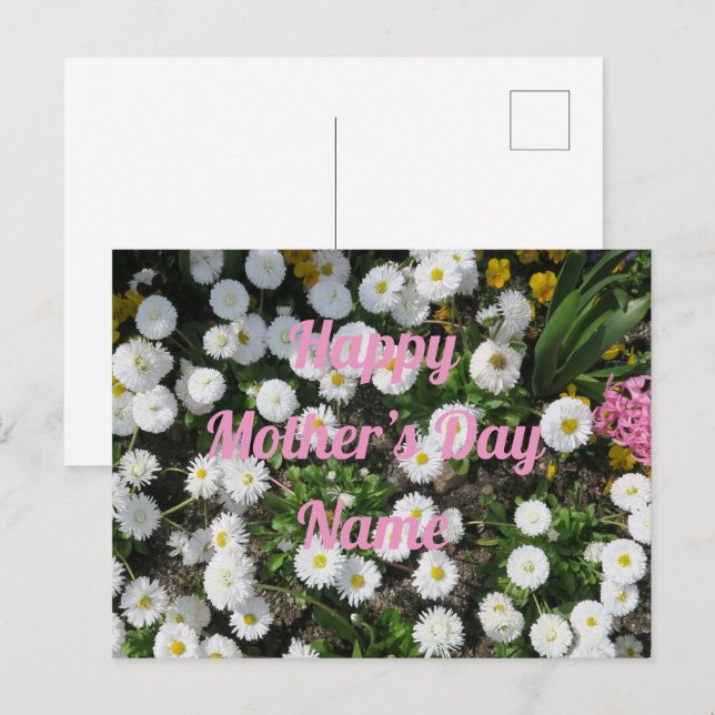 muttertag,kleine weiße frühlingsblume rosa schrift vykort (Fram/baksida)