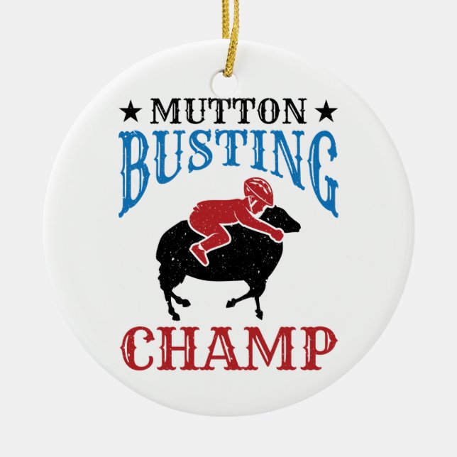 Mutton Busting Champ Sheep Riding Julgransprydnad Keramik (Framsidan)
