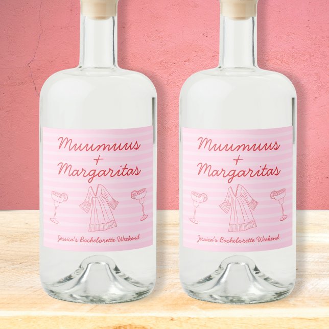 Muumuus & Margaritas Rosa & Röda Sängkammarparty Spritflaskor Etikett (Muumuus & Margaritas Pink & Red Bachelorette Liquor Bottle Label)