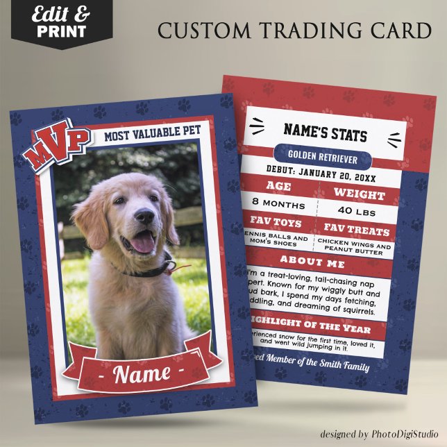MVP Anpassningsbar Pet Trading Card Roligt Hund Tr (MVP Custom Pet Trading Card, Clasic Red Blue Card, Therapy Dog Trading Card Template and Print)