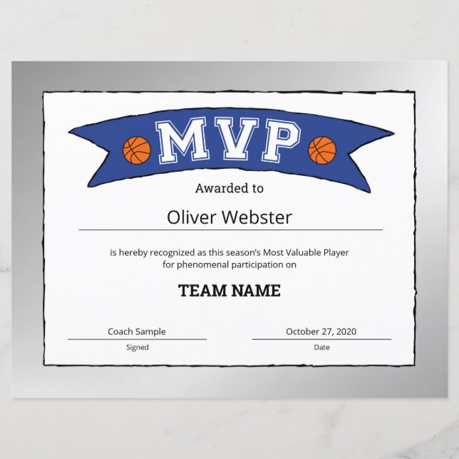 MVP Player MVP-certifikat BasketballCertificates (Framsida)