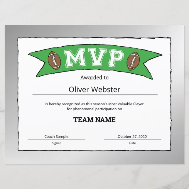 MVP Player - MVP-certifikat Fotbollscertifikat (Framsida)