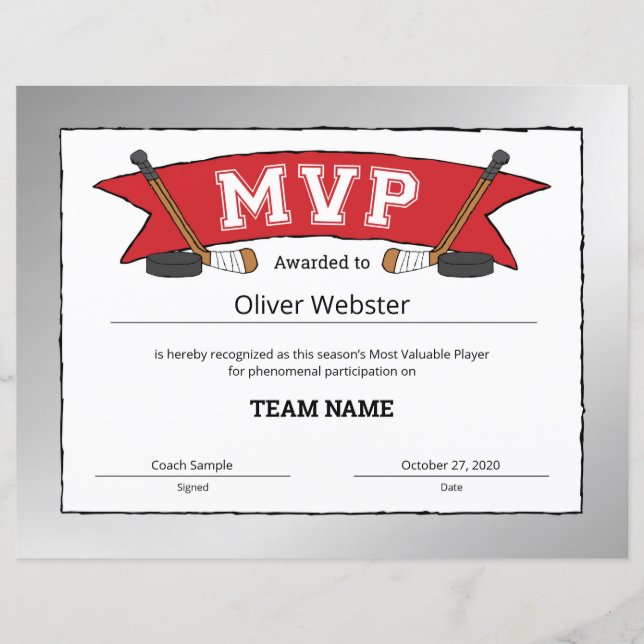 MVP Player - MVP-certifikat - Hockey-certifikat (Framsida)