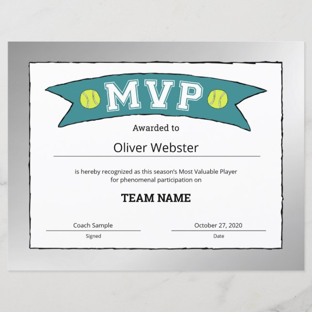 MVP Player - MVP-certifikat - Tenniscertifikat (Framsida)