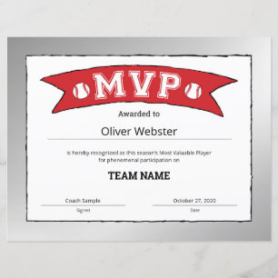 MVP Spelare - MVP Certifikat Baseboll Certifikat