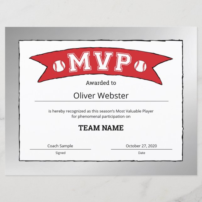 MVP-spelare - MVP-certifikat Basebollcertifikat (Framsida)