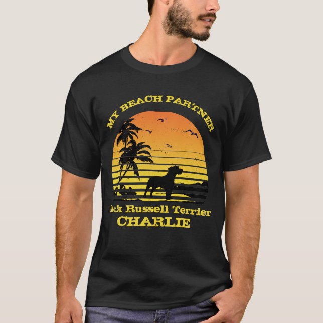 My Beach Partner Sunset Handflatan Jack Russell Te T Shirt (Framsida)