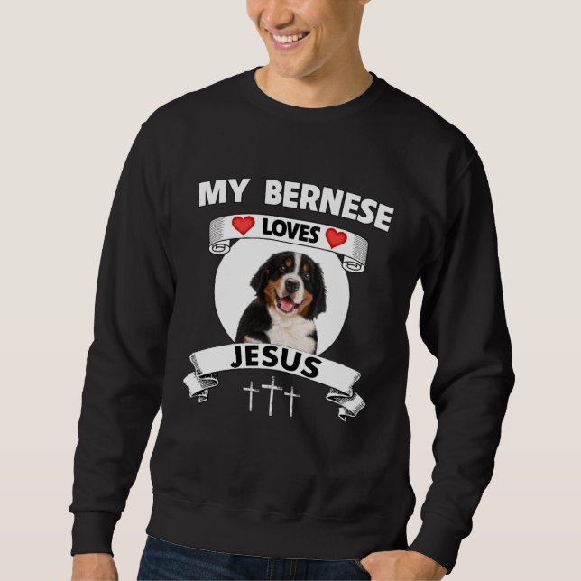 My Bernese Mountain Dog Loves Jesus Christian Cute Lång Ärmad Tröja (Framsida)