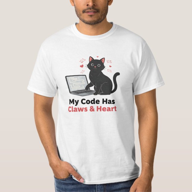 My Code Has Claws & Heart Black Cat Web Developer T Shirt (Framsida)