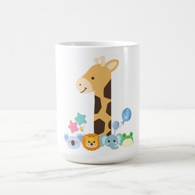 My First Birthday. Giraffe and Happy Animals Desig Magisk Mugg (Center)