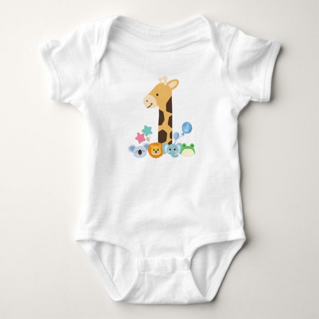 My First Birthday. Giraffe and Happy Animals Desig T Shirt (Framsida)