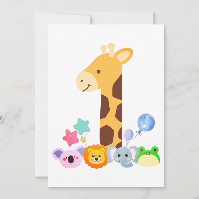 My First Birthday. Giraffe and Happy Animals Desig Tack Kort (Framsida)