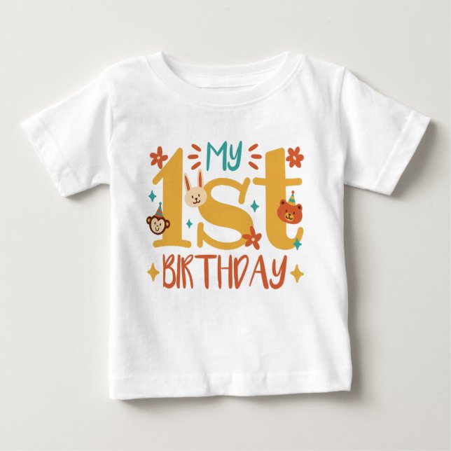 "My first birthday" with cute animals T Shirt (Framsida)