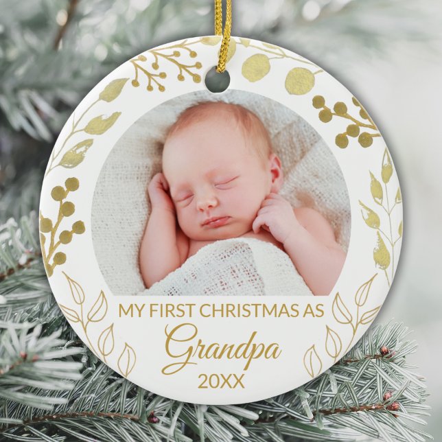 My First Christmas As Grandpa Gold Foliage Photo Julgransprydnad Keramik (Skapare uppladdad)