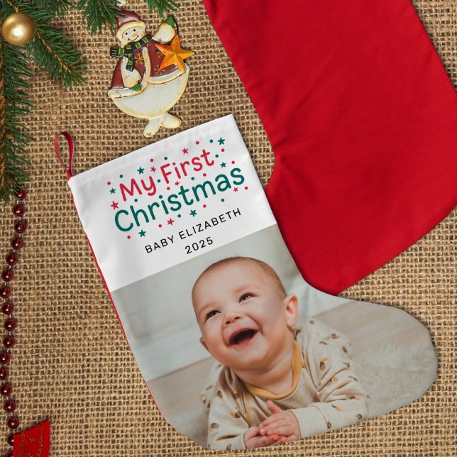 My First Christmas Festive Cute Newborn Baby Photo Liten Julstrumpa (Skapare uppladdad)