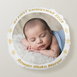 My First Christmas Gold Personalized Baby Photo  Rund Kudde