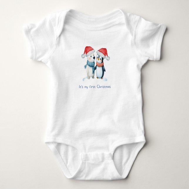 My First Christmas Penguin Hugging - Cute Baby  T Shirt (Framsida)
