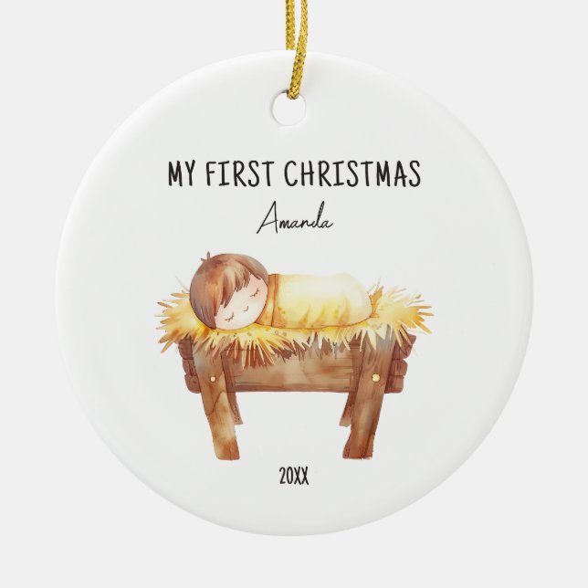 My First Christmas Personalized Baby in Manger Julgransprydnad Keramik (Framsidan)