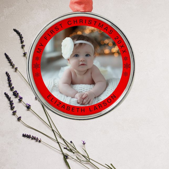 My First Christmas Personalized Baby Photo Red Julgransprydnad Metall (Skapare uppladdad)