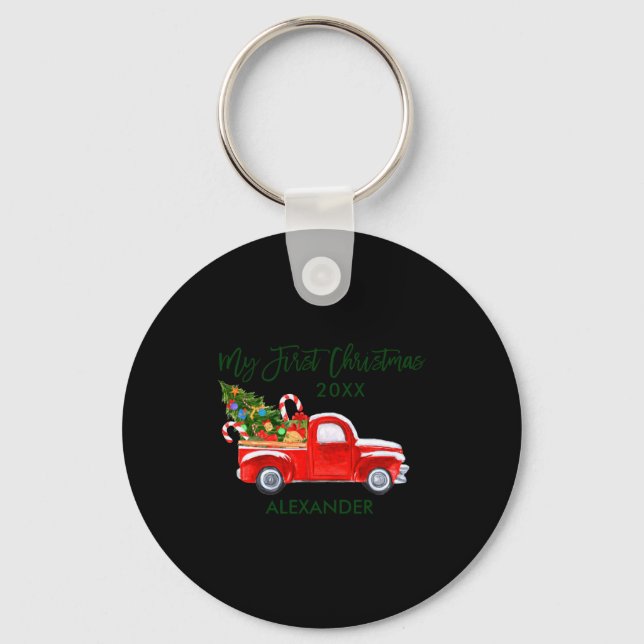 My First Christmas Red Truck Candy Canes Gray Baby Nyckelring (Framsida)