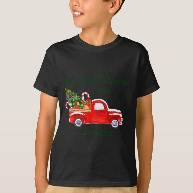 My First Christmas Red Truck Candy Canes Gray Baby T Shirt (Framsida)