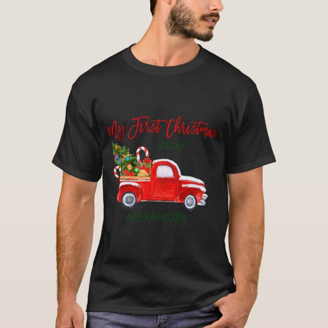 My First Christmas Truck Candy Canes Green Red Bab T Shirt (Framsida)