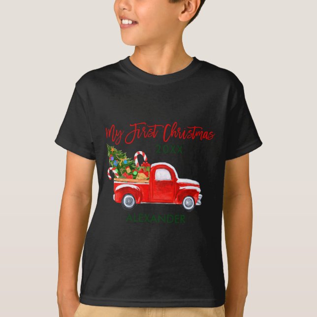 My First Christmas Truck Candy Canes Green Red Bab T Shirt (Framsida)