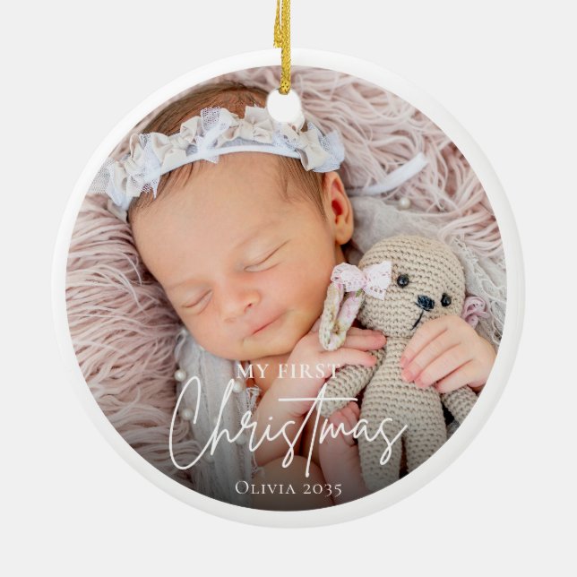 My First Christmas White Personalized Baby Photo Julgransprydnad Keramik (Baksidan)