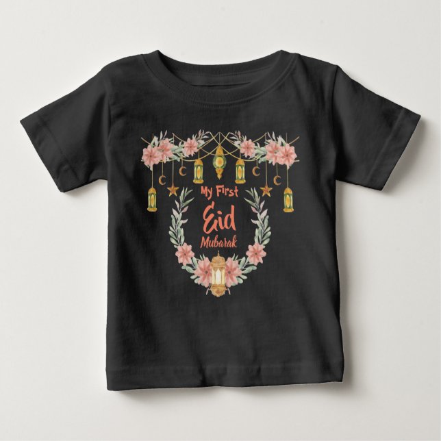 My First Eid Mubarak Cute Flowers Lamp Moon Stars  T Shirt (Framsida)