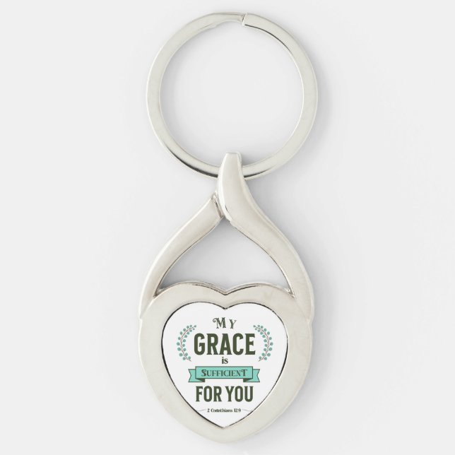My Grace is Sufficient Scripture Teal Twisted Heart Silverfärgad Nyckelring (Framsidan)