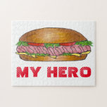 My Hero Ham Cheese Hoagie SubMarine Sub Sandwich Pussel<br><div class="desc">Pussel-symbolen har en originalmarkörillustration av skinka och ost hoagie,  med MY HERO i ett typsnitt av roligten. Denna illustration finns även på andra produkter. Ser du inte vad du är tittar för? Behöver du hjälp med anpassning? Kontakta Rebecca för att få något designat bara för dig.</div>