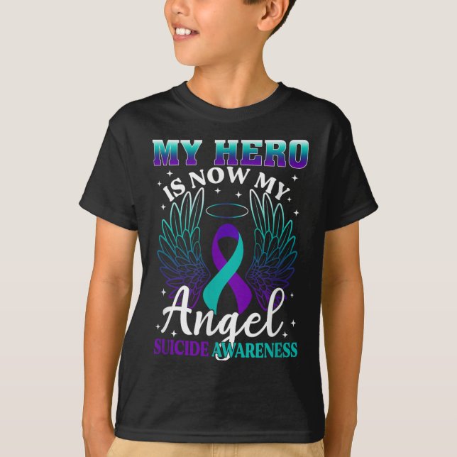 My Hero Is Now My Angel Suicide Purple Turquoise S T Shirt (Framsida)