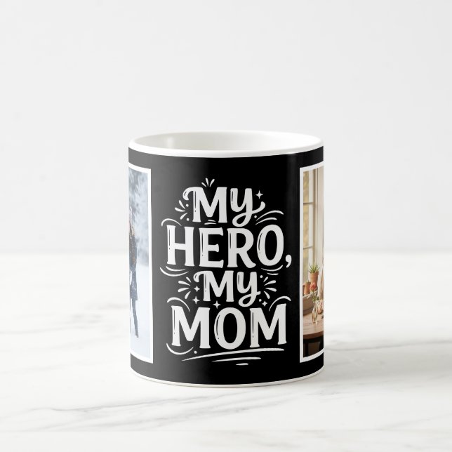 My Hero My Mom Bold Personalized 2 Photo Black Kaffemugg (Center)
