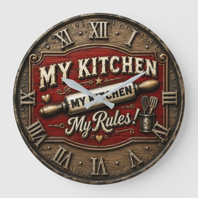 My Kitchen My Rules Rustic Farmhouse Rolling Pin Stor Klocka (Framsida)