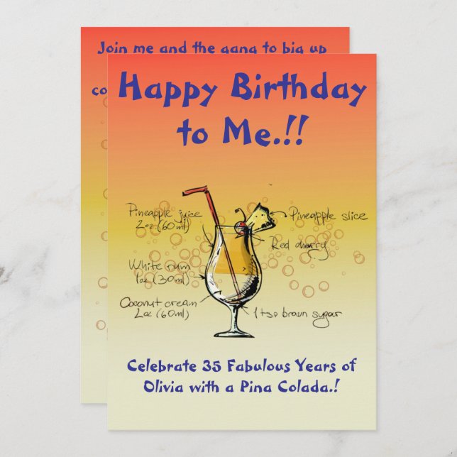My Pina Colada Födelsedagsfest inbjudan (Fram/baksida)