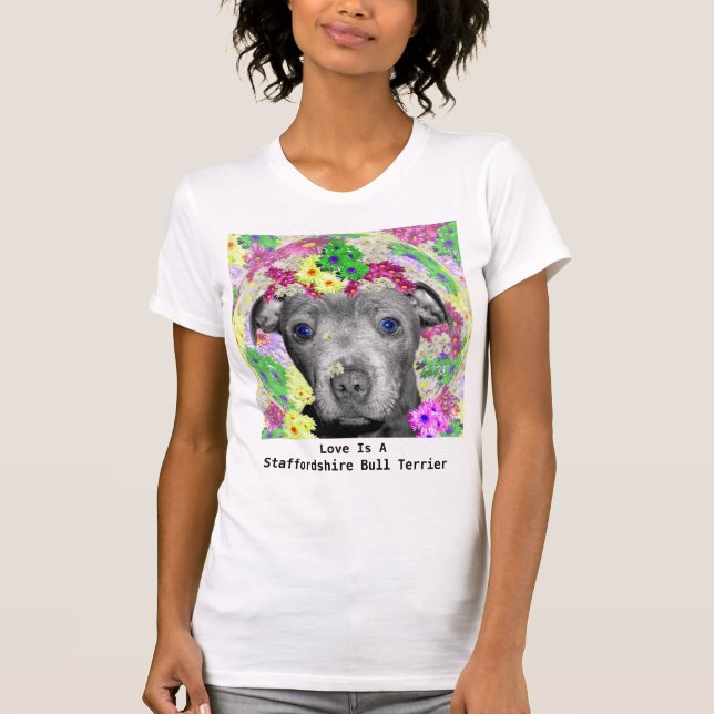 My Stafford Puppy Kärlek Flowers T Shirt (Framsida)