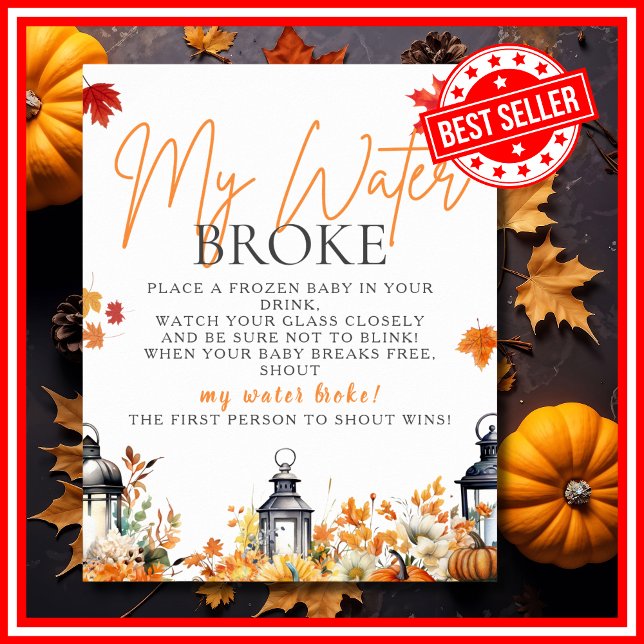MY VATTEN FATTIG Baby Shower Game A Little Pumpkin Poster (MY WATER BROKE A Little Pumpkin is on the Way Fall Autumn Baby Shower Game Poster)
