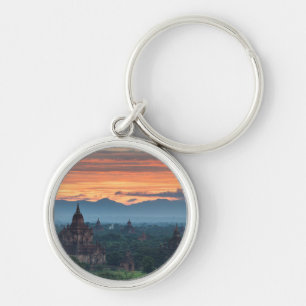 Myanmar, Bagan Soluppgång Rund Silverfärgad Nyckelring