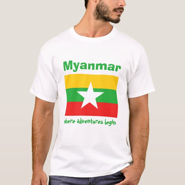 Myanmar Flagga + Karta + Text T-Shirt (Framsida)