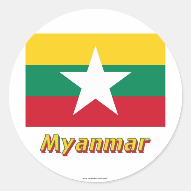 Myanmar Flagga med Namn Runt Klistermärke (Framsida)