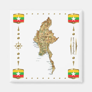 Myanmar Karta + Flaggor Magnet