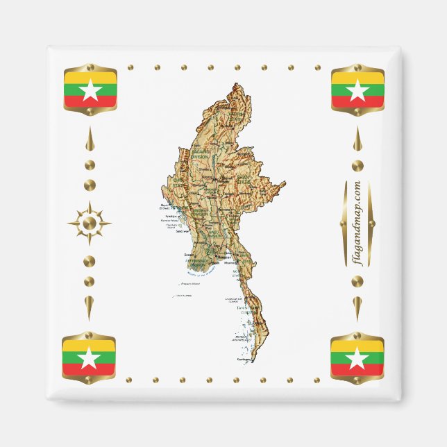 Myanmar Karta + Flaggor Magnet (Framsidan)