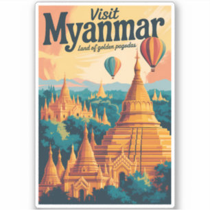 Myanmar Pagoder Illustration Resa Konst Vintage Klistermärken