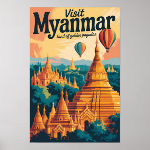 Myanmar Pagoder Illustration Resa Konst Vintage Poster