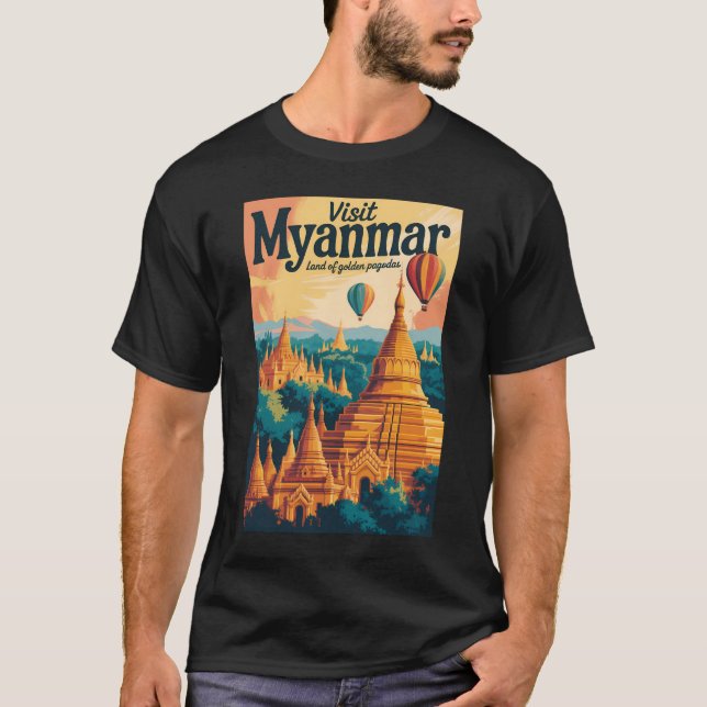 Myanmar Pagoder Illustration Resa Konst Vintage T Shirt (Framsida)