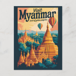 Myanmar Pagoder Illustration Resa Konst Vintage Vykort