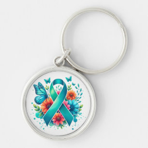 Myasthenia Gravis Teal Awareness Ribbon Rund Silverfärgad Nyckelring