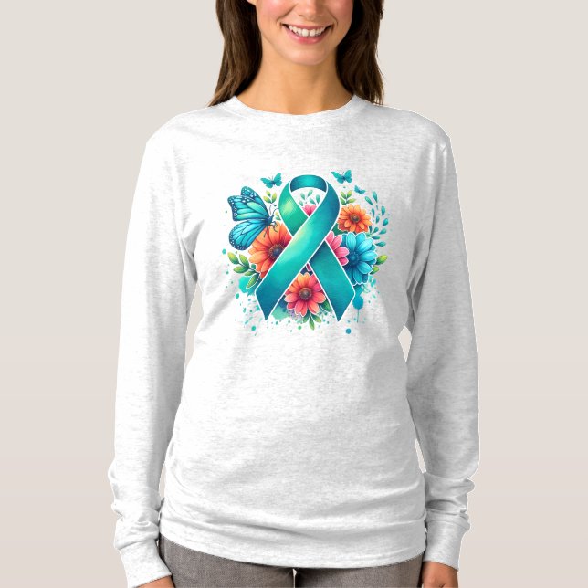 Myasthenia Gravis Teal Awareness Ribbon T Shirt (Framsida)