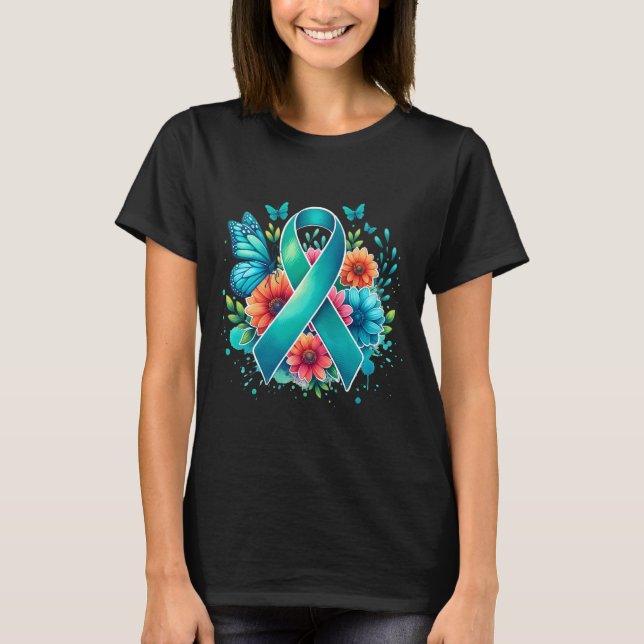 Myasthenia Gravis Teal Awareness Ribbon T Shirt (Framsida)