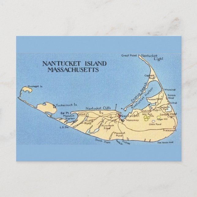 Mycket blå Nantucket Island Kartaffisch Vykort (Framsida)